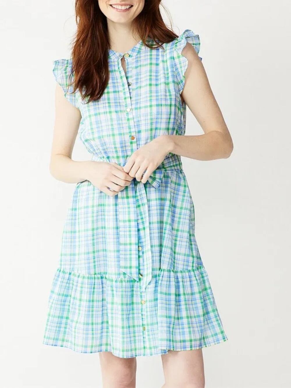 Draper James Blue Green Plaid Ruffle Dress Medium Sleeveless Tiered Cottagecore